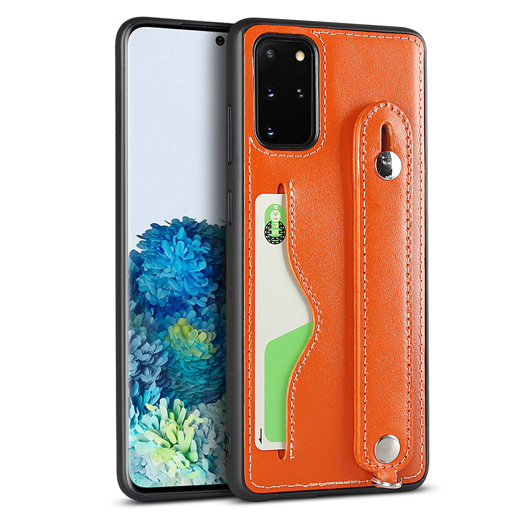 Handy Strap Kickstand Card Holder Genuine Leather Coated TPU Phone Cover with Lanyard for Samsung Galaxy S20 Plus / S20 Plus 5G - Orange