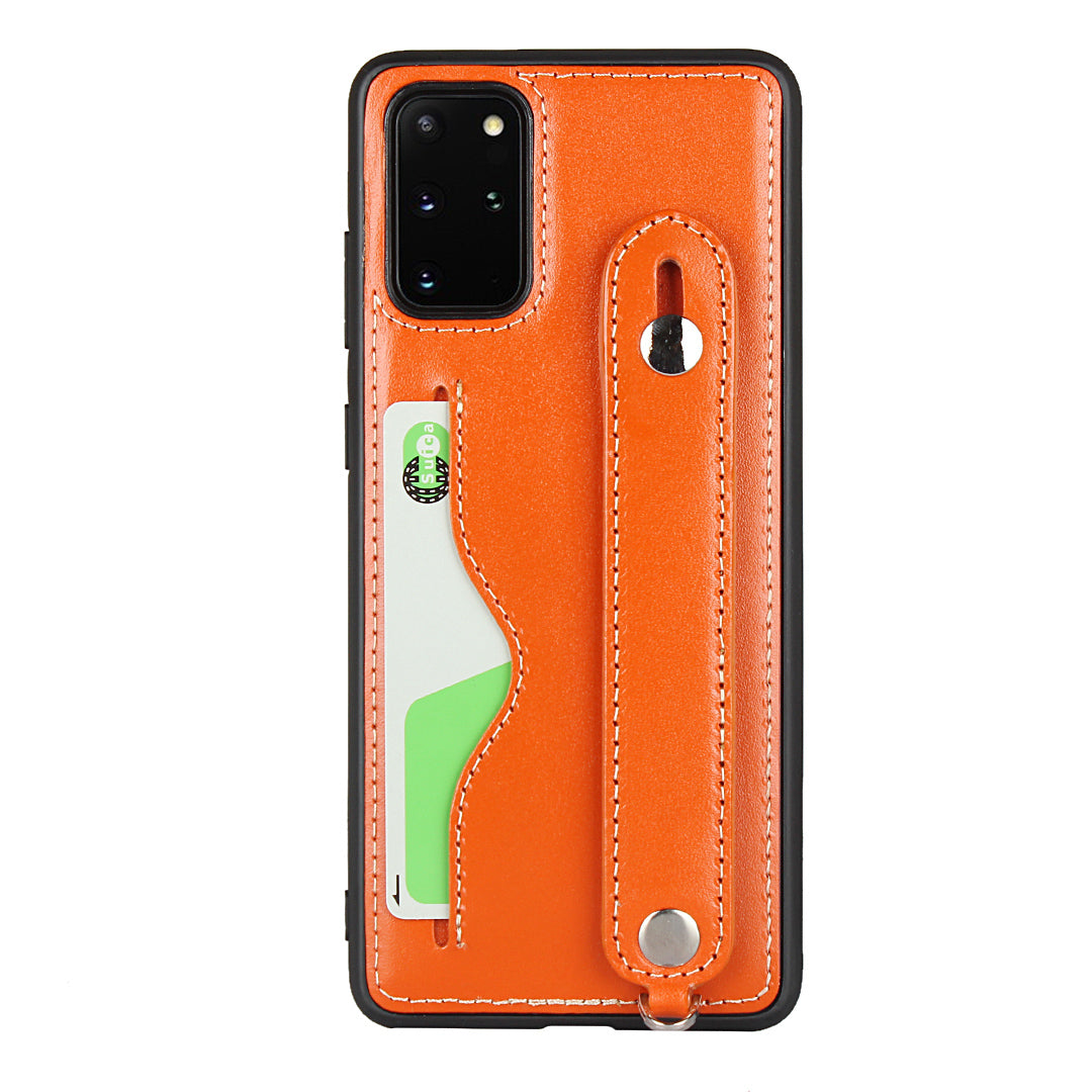 Handy Strap Kickstand Card Holder Genuine Leather Coated TPU Phone Cover with Lanyard for Samsung Galaxy S20 Plus / S20 Plus 5G - Orange