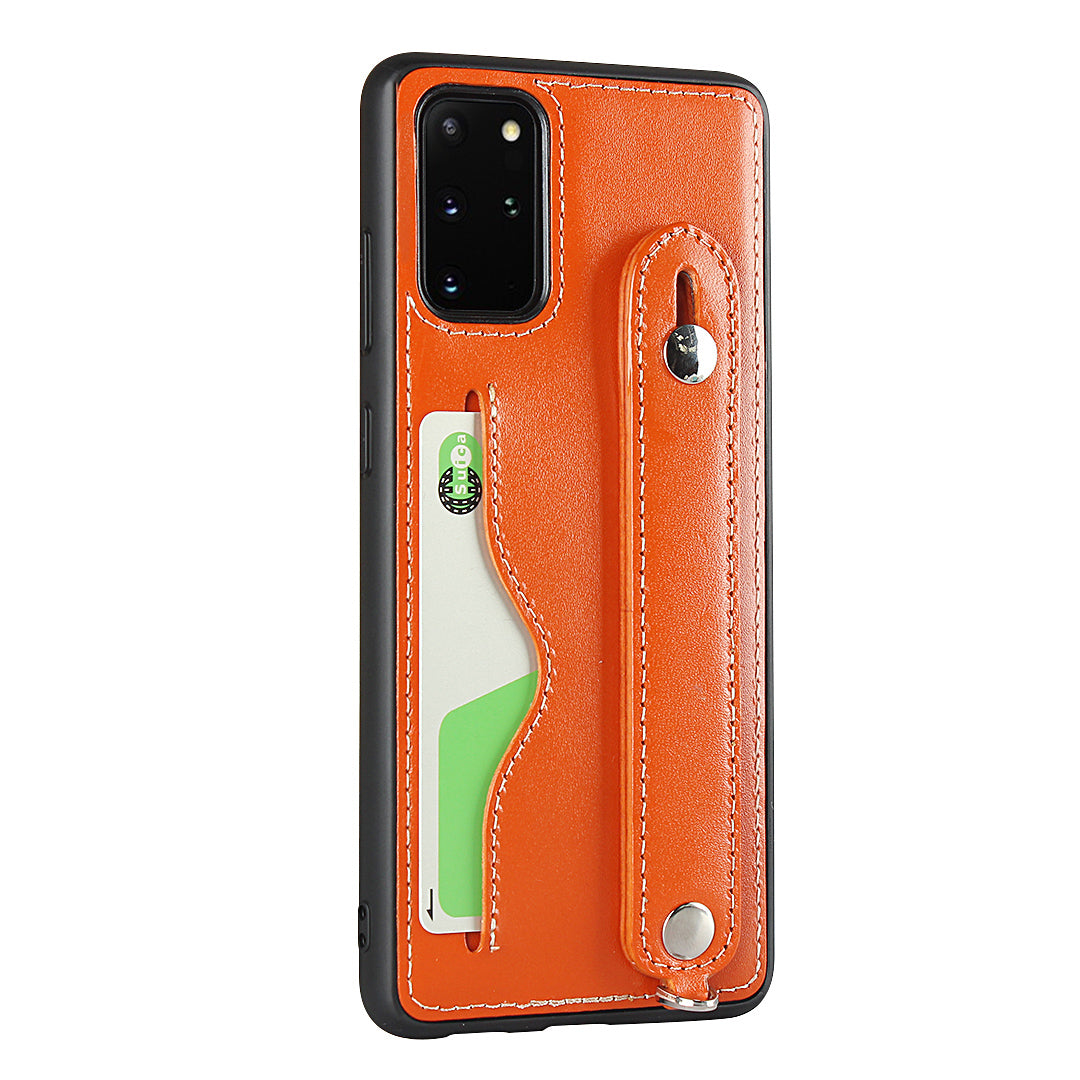 Handy Strap Kickstand Card Holder Genuine Leather Coated TPU Phone Cover with Lanyard for Samsung Galaxy S20 Plus / S20 Plus 5G - Orange
