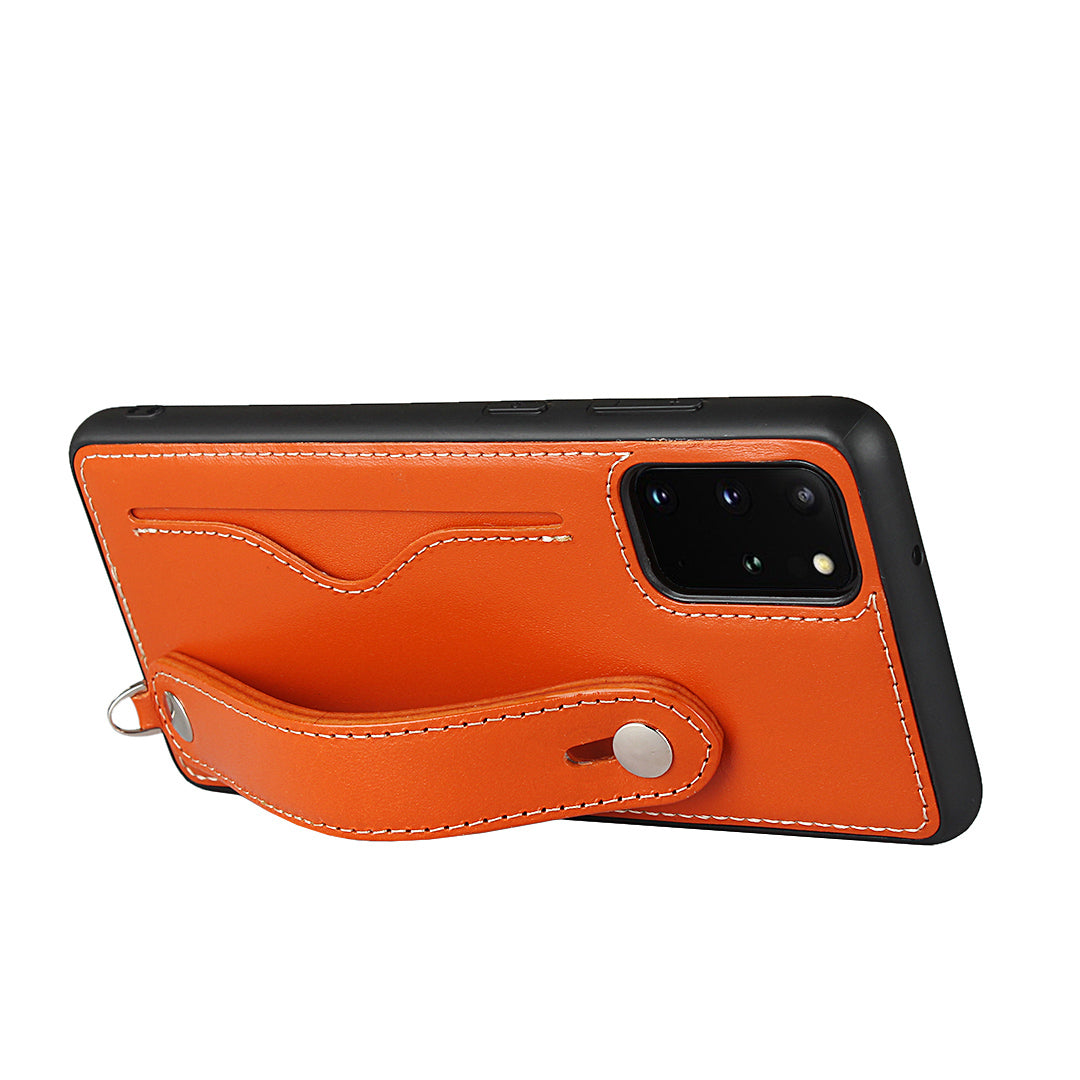 Handy Strap Kickstand Card Holder Genuine Leather Coated TPU Phone Cover with Lanyard for Samsung Galaxy S20 Plus / S20 Plus 5G - Orange