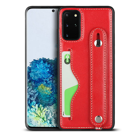 Handy Strap Kickstand Card Holder Genuine Leather Coated TPU Phone Cover with Lanyard for Samsung Galaxy S20 Plus / S20 Plus 5G - Red