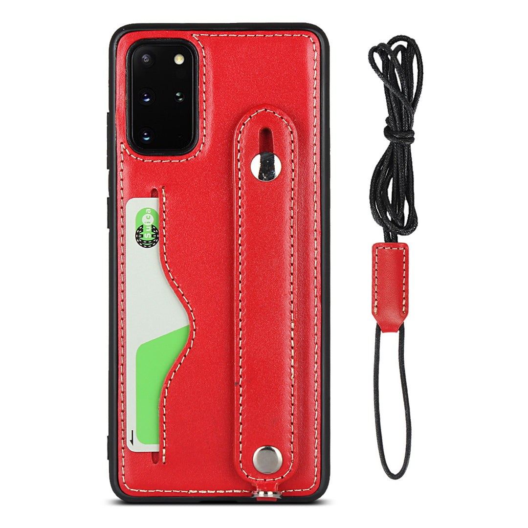 Handy Strap Kickstand Card Holder Genuine Leather Coated TPU Phone Cover with Lanyard for Samsung Galaxy S20 Plus / S20 Plus 5G - Red