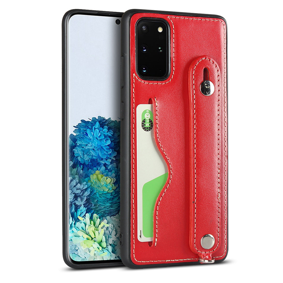 Handy Strap Kickstand Card Holder Genuine Leather Coated TPU Phone Cover with Lanyard for Samsung Galaxy S20 Plus / S20 Plus 5G - Red