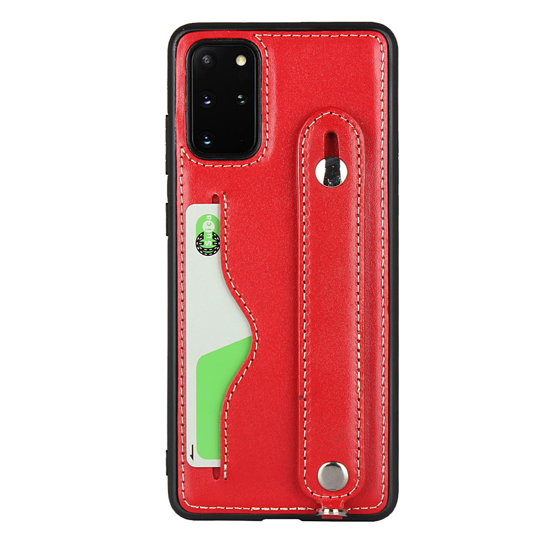 Handy Strap Kickstand Card Holder Genuine Leather Coated TPU Phone Cover with Lanyard for Samsung Galaxy S20 Plus / S20 Plus 5G - Red