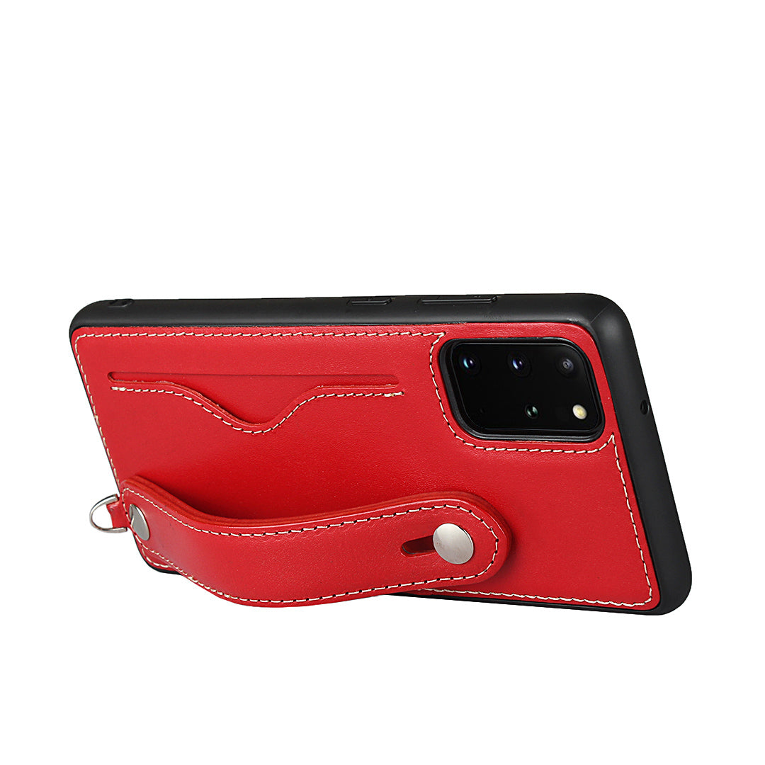Handy Strap Kickstand Card Holder Genuine Leather Coated TPU Phone Cover with Lanyard for Samsung Galaxy S20 Plus / S20 Plus 5G - Red