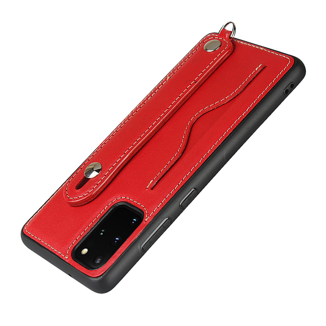 Handy Strap Kickstand Card Holder Genuine Leather Coated TPU Phone Cover with Lanyard for Samsung Galaxy S20 Plus / S20 Plus 5G - Red