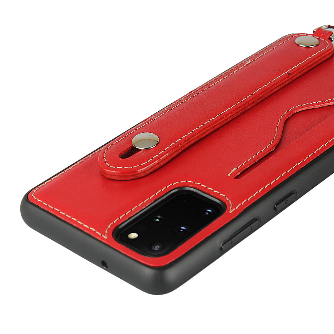 Handy Strap Kickstand Card Holder Genuine Leather Coated TPU Phone Cover with Lanyard for Samsung Galaxy S20 Plus / S20 Plus 5G - Red