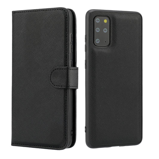 Cross Skin Leather Wallet Cover + Removable TPU Cover for Samsung Galaxy S20 Plus - Black