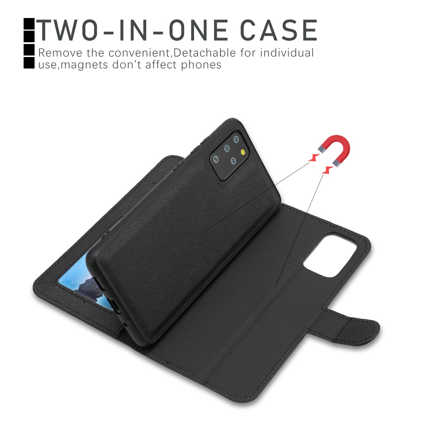 Cross Skin Leather Wallet Cover + Removable TPU Cover for Samsung Galaxy S20 Plus - Black