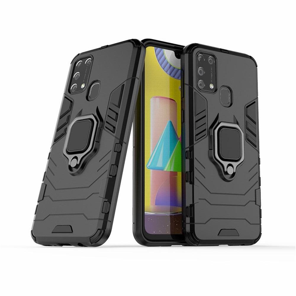 Cool Guard Ring Holder Kickstand PC + TPU Stylish Case for Samsung Galaxy M31 - Black