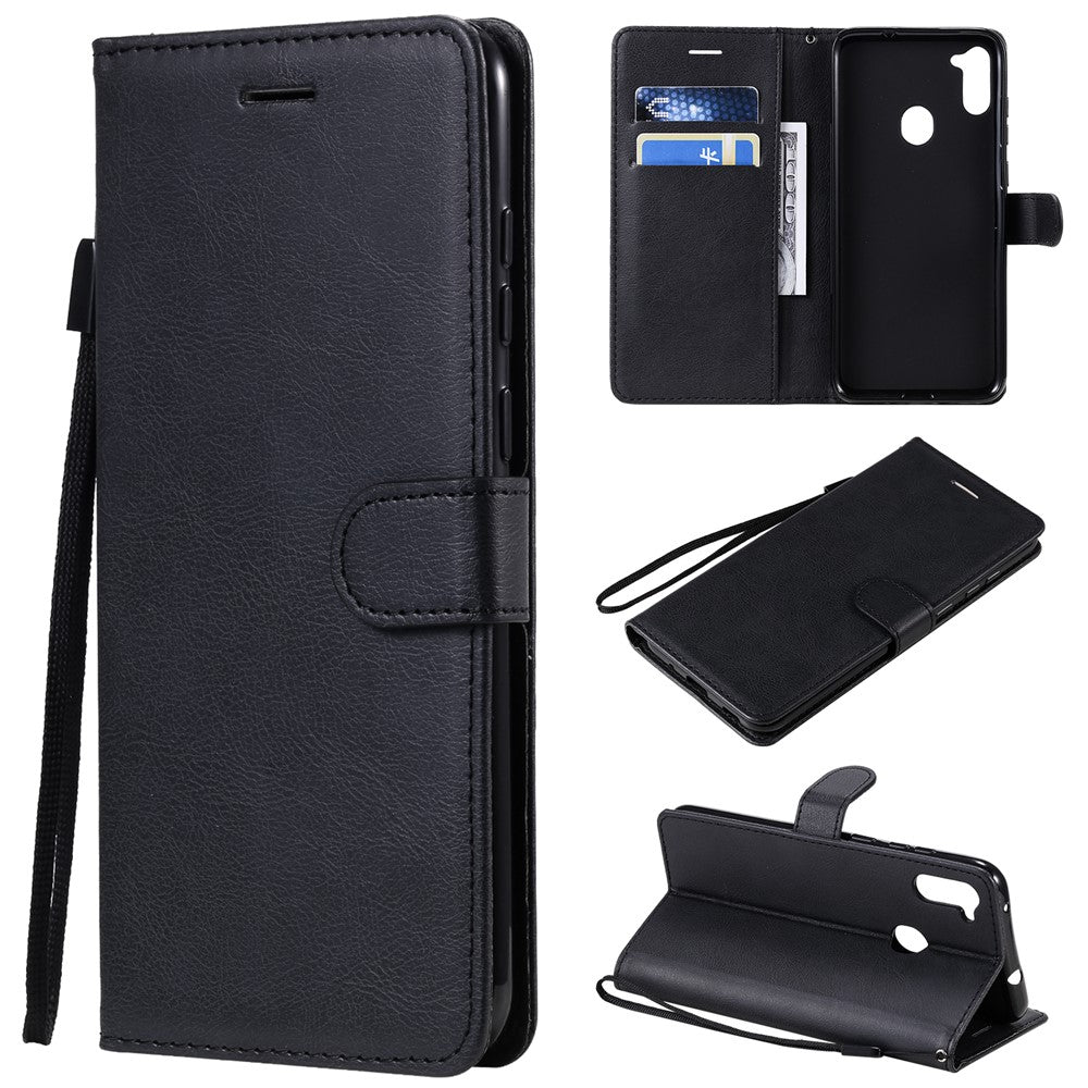 For Samsung Galaxy M11 Case Solid Color Leather Mobile Cover Wallet Stand with Strap - Black