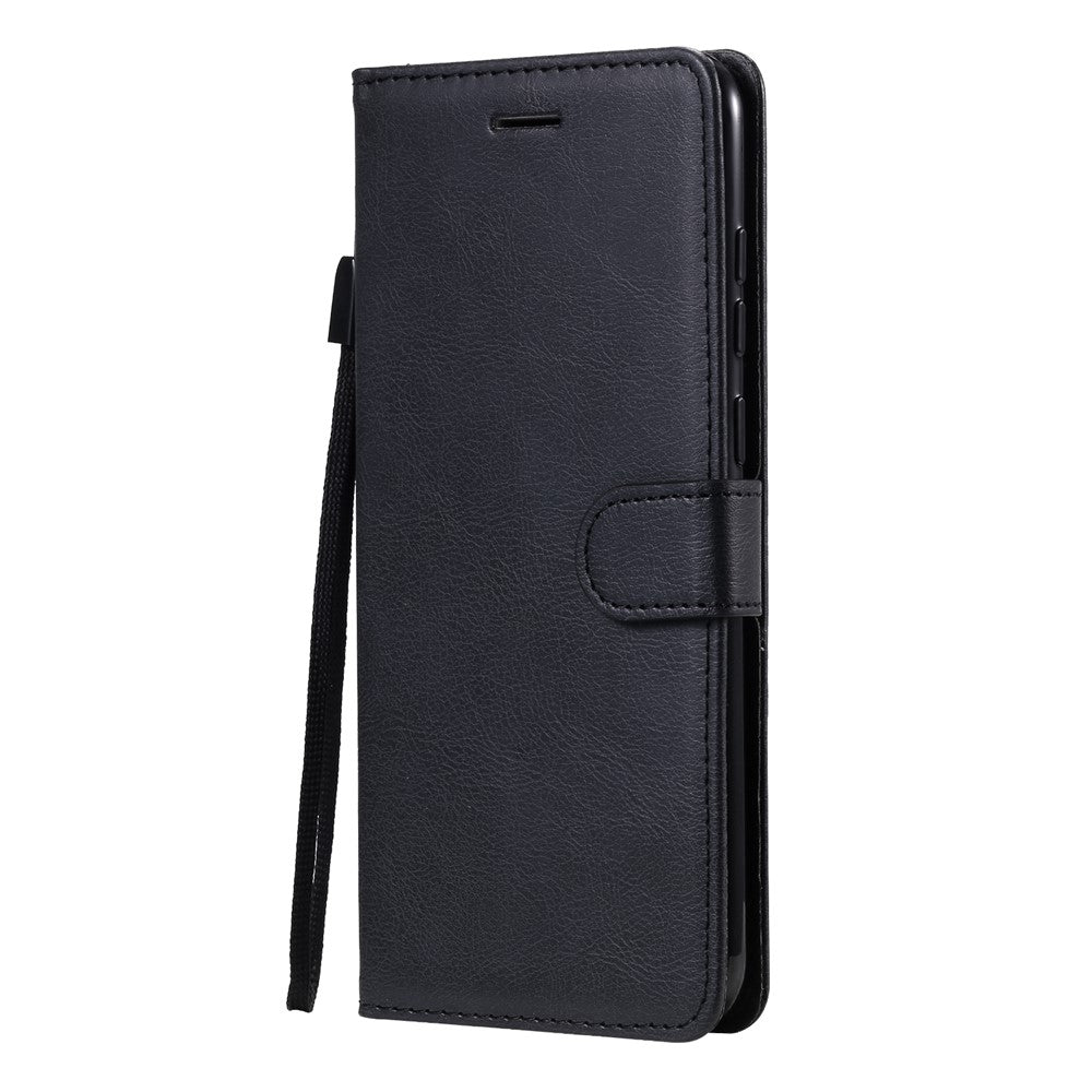 For Samsung Galaxy M11 Case Solid Color Leather Mobile Cover Wallet Stand with Strap - Black