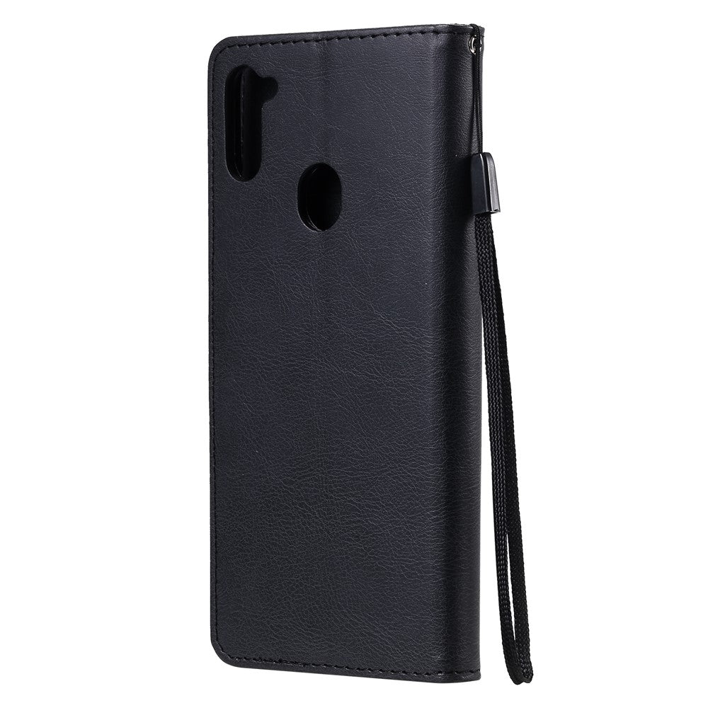 For Samsung Galaxy M11 Case Solid Color Leather Mobile Cover Wallet Stand with Strap - Black