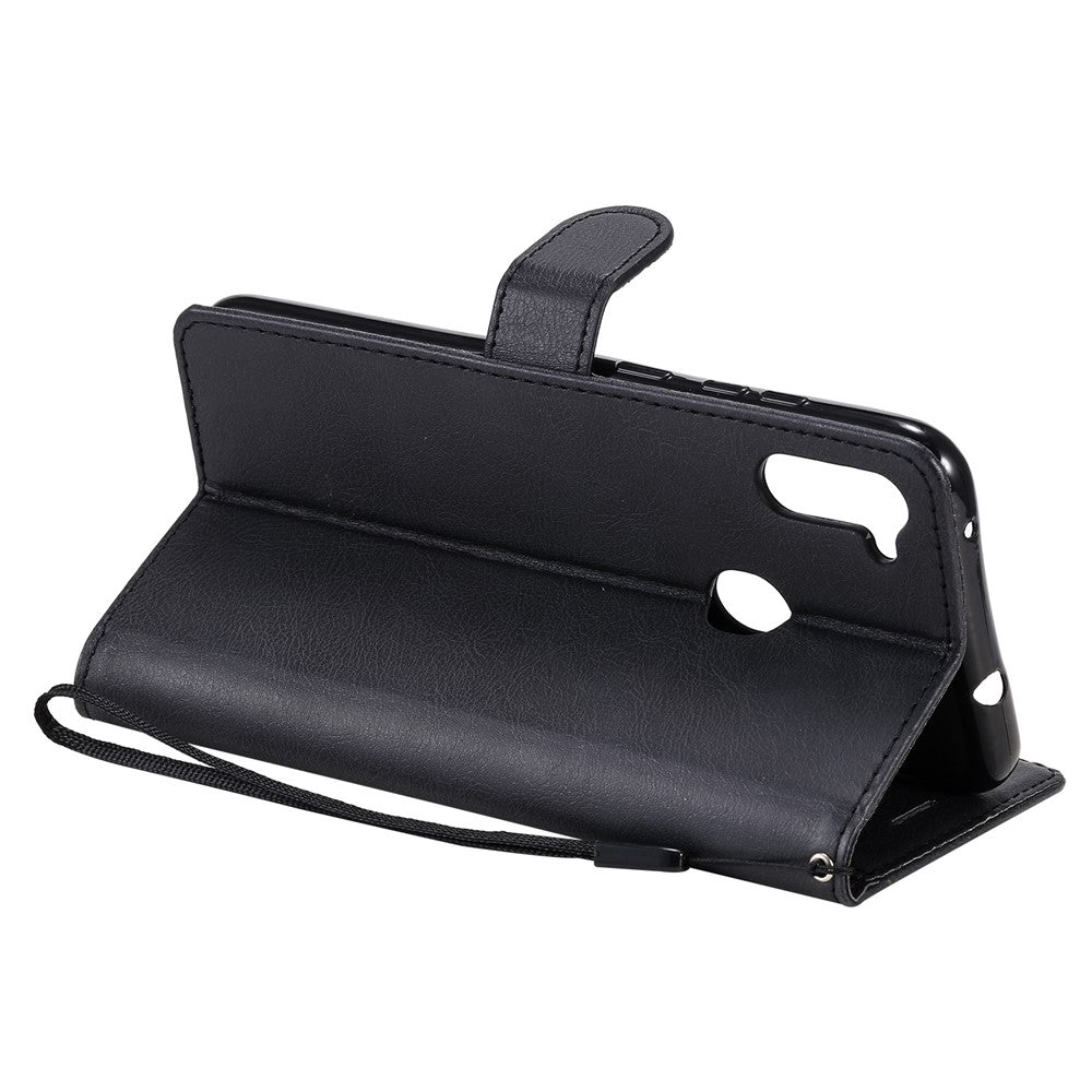 For Samsung Galaxy M11 Case Solid Color Leather Mobile Cover Wallet Stand with Strap - Black