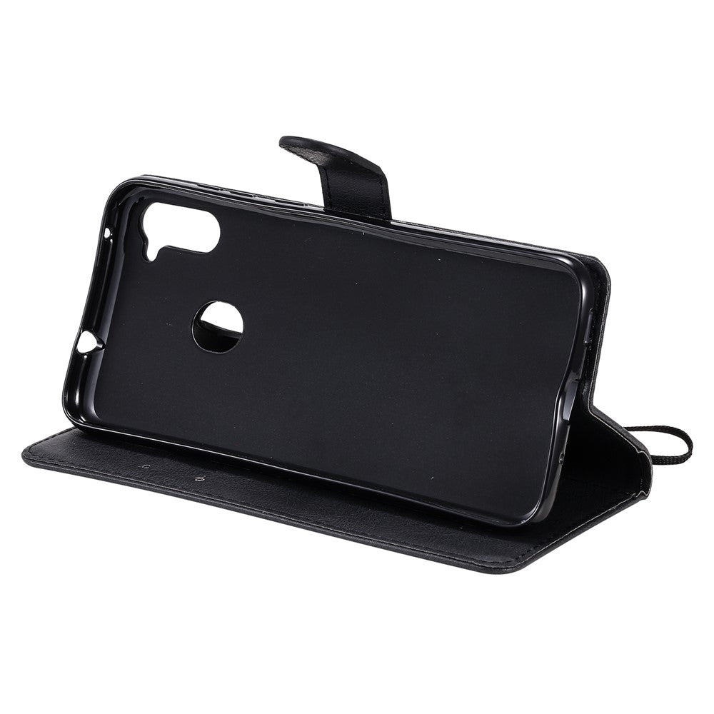 For Samsung Galaxy M11 Case Solid Color Leather Mobile Cover Wallet Stand with Strap - Black