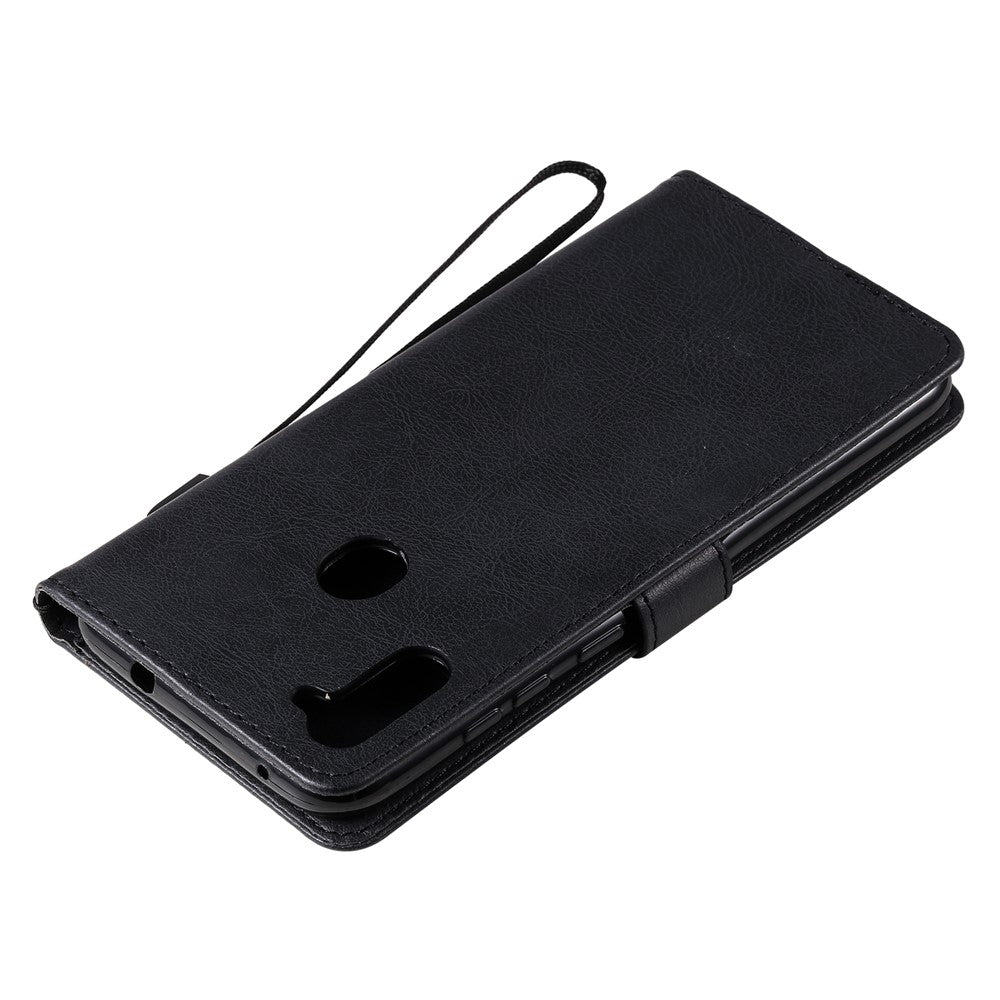 For Samsung Galaxy M11 Case Solid Color Leather Mobile Cover Wallet Stand with Strap - Black