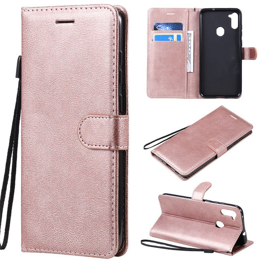 For Samsung Galaxy M11 Case Solid Color Leather Mobile Cover Wallet Stand with Strap - Rose Gold