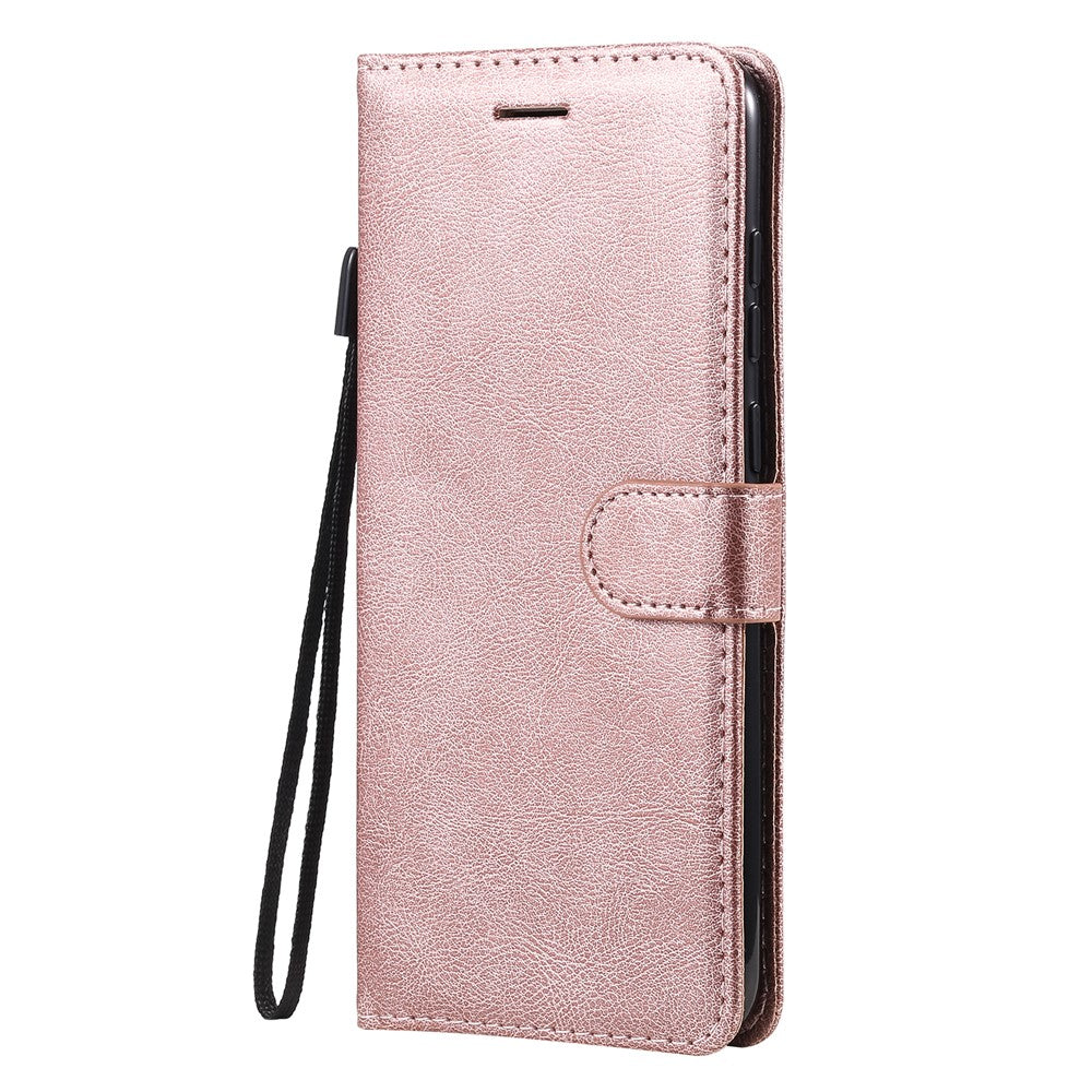 For Samsung Galaxy M11 Case Solid Color Leather Mobile Cover Wallet Stand with Strap - Rose Gold
