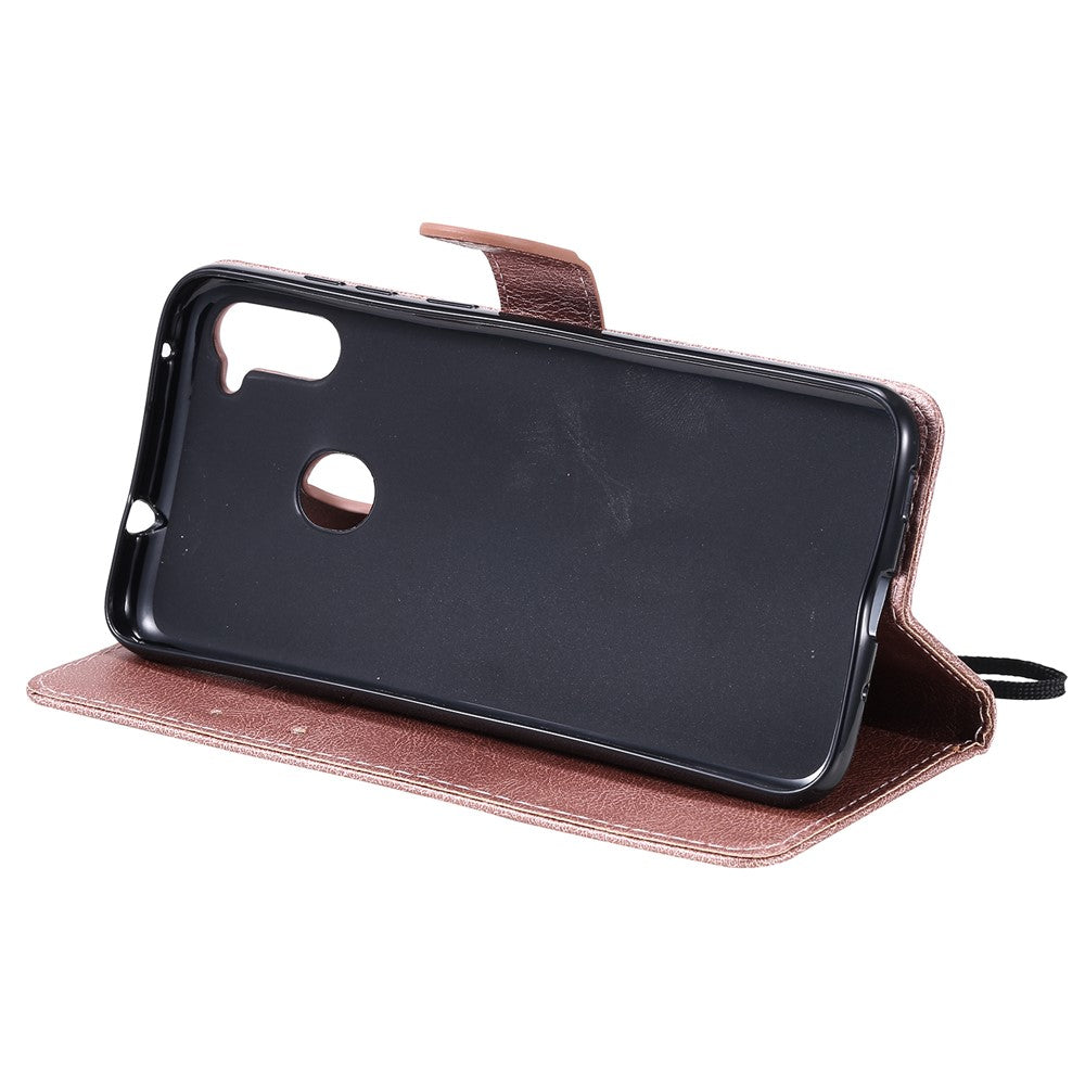 For Samsung Galaxy M11 Case Solid Color Leather Mobile Cover Wallet Stand with Strap - Rose Gold