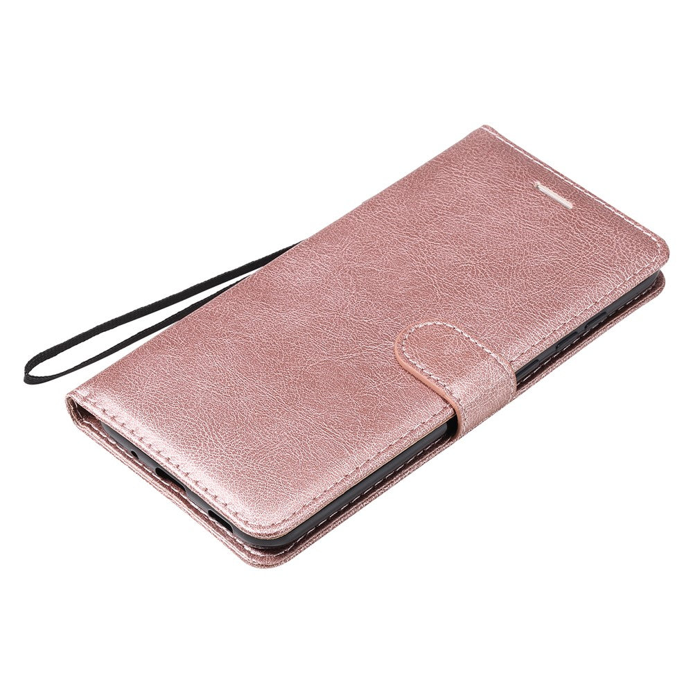 For Samsung Galaxy M11 Case Solid Color Leather Mobile Cover Wallet Stand with Strap - Rose Gold