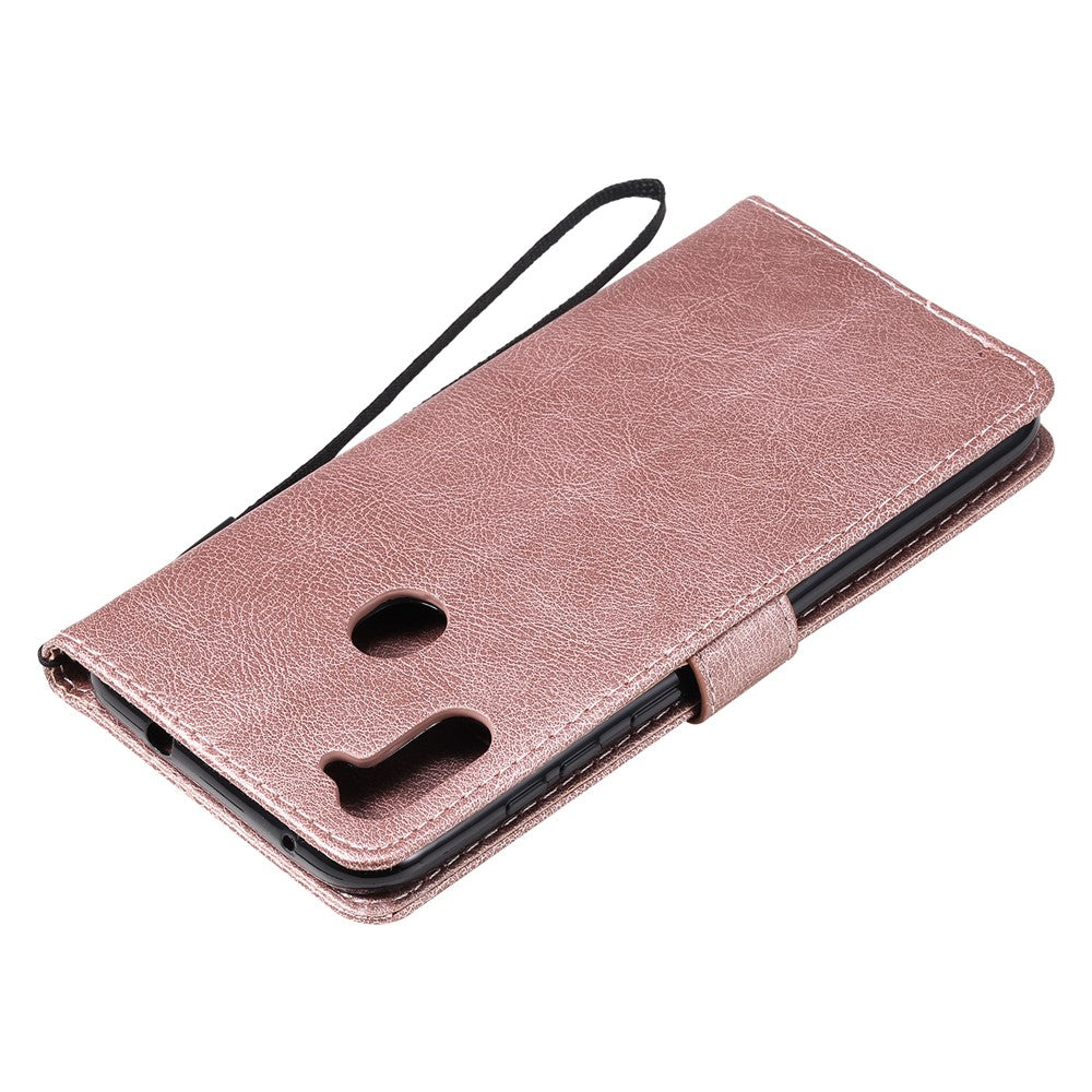 For Samsung Galaxy M11 Case Solid Color Leather Mobile Cover Wallet Stand with Strap - Rose Gold