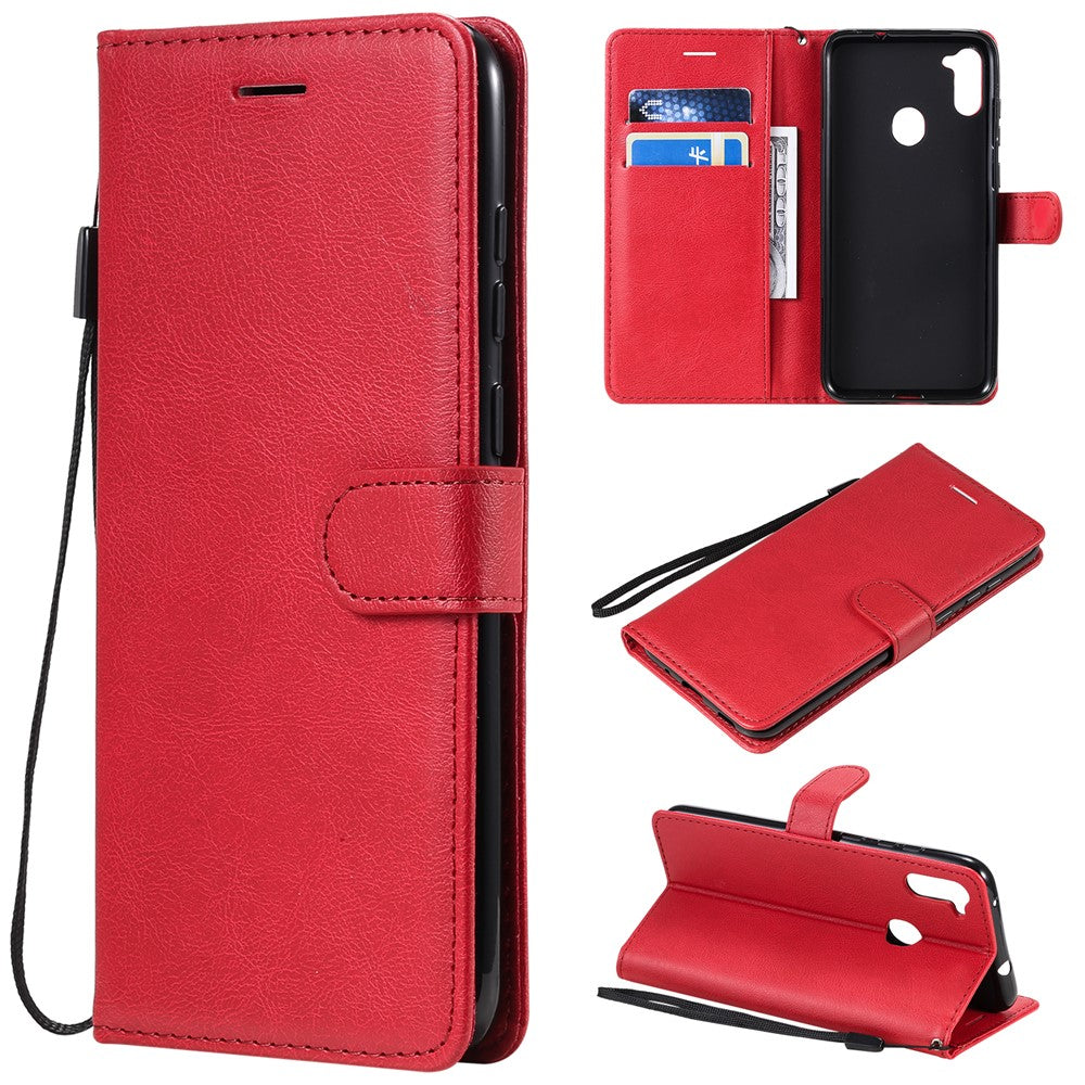 For Samsung Galaxy M11 Case Solid Color Leather Mobile Cover Wallet Stand with Strap - Red