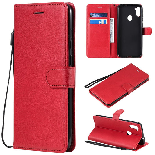 For Samsung Galaxy M11 Case Solid Color Leather Mobile Cover Wallet Stand with Strap - Red