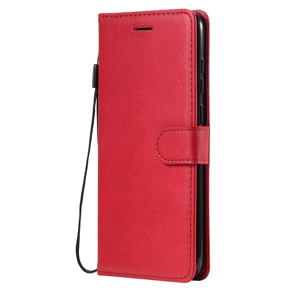 For Samsung Galaxy M11 Case Solid Color Leather Mobile Cover Wallet Stand with Strap - Red
