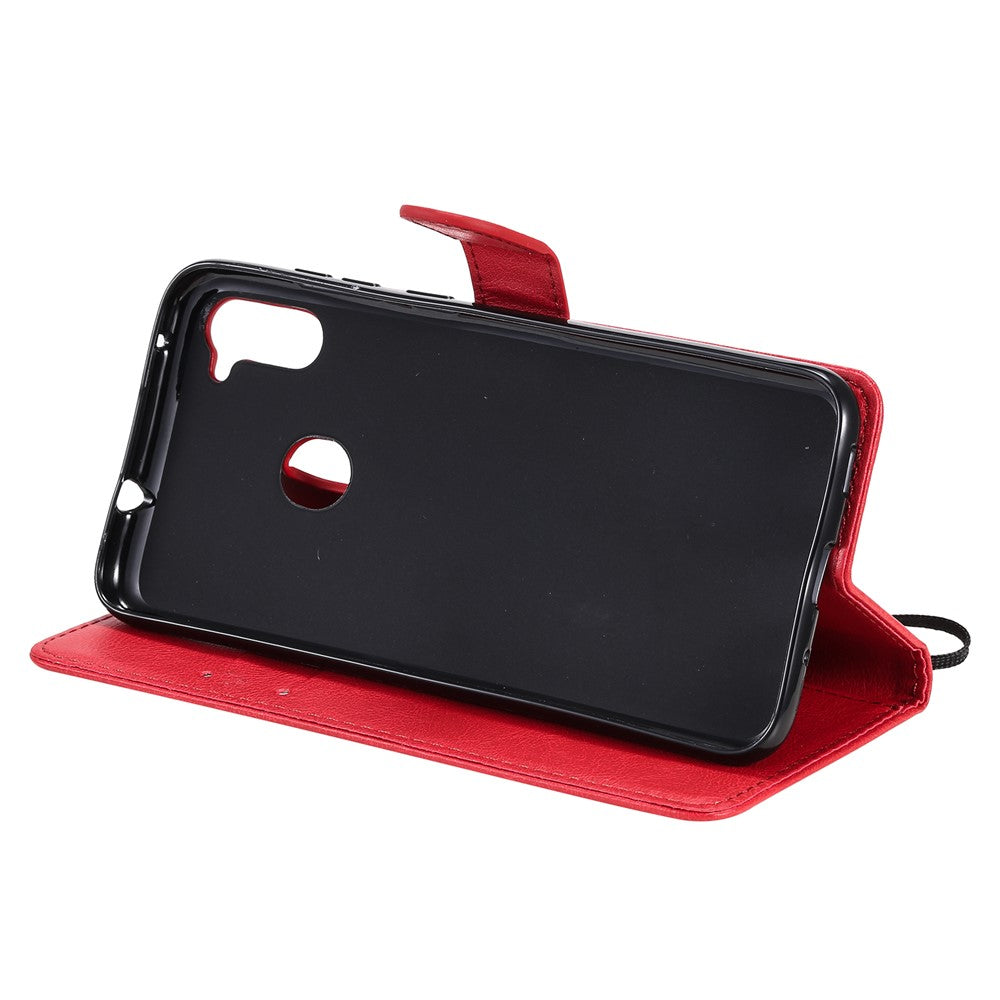 For Samsung Galaxy M11 Case Solid Color Leather Mobile Cover Wallet Stand with Strap - Red