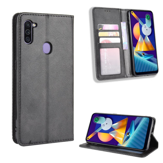 Vintage Style Leather Wallet Stand Case Cover for Samsung Galaxy M11 / A11 (EU Version) - Black