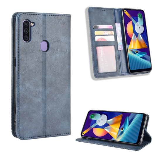 Vintage Style Leather Wallet Stand Case Cover for Samsung Galaxy M11 / A11 (EU Version) - Blue