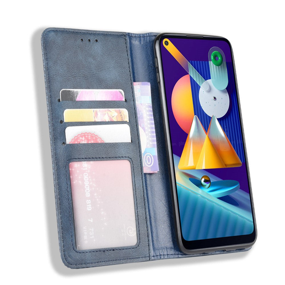 Vintage Style Leather Wallet Stand Case Cover for Samsung Galaxy M11 / A11 (EU Version) - Blue
