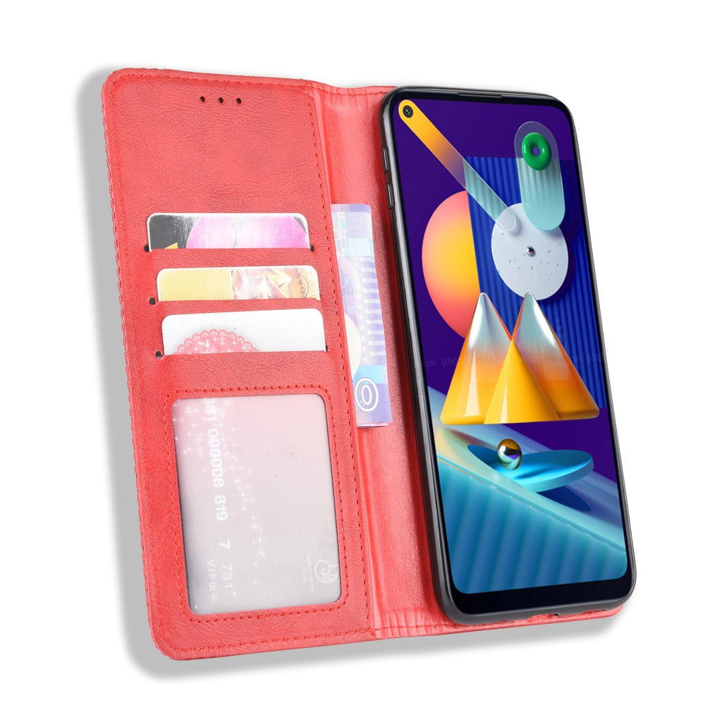 Vintage Style Leather Wallet Stand Case Cover for Samsung Galaxy M11 / A11 (EU Version) - Red