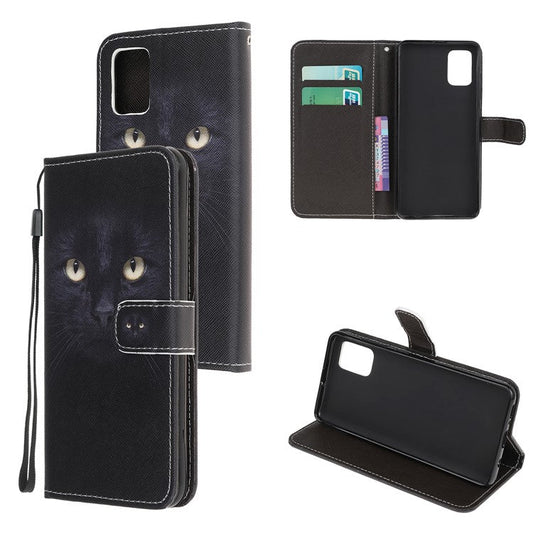 Pattern Printing Cross Texture Leather Wallet Cover with Strap for Samsung Galaxy A31 - Cat in the Dark