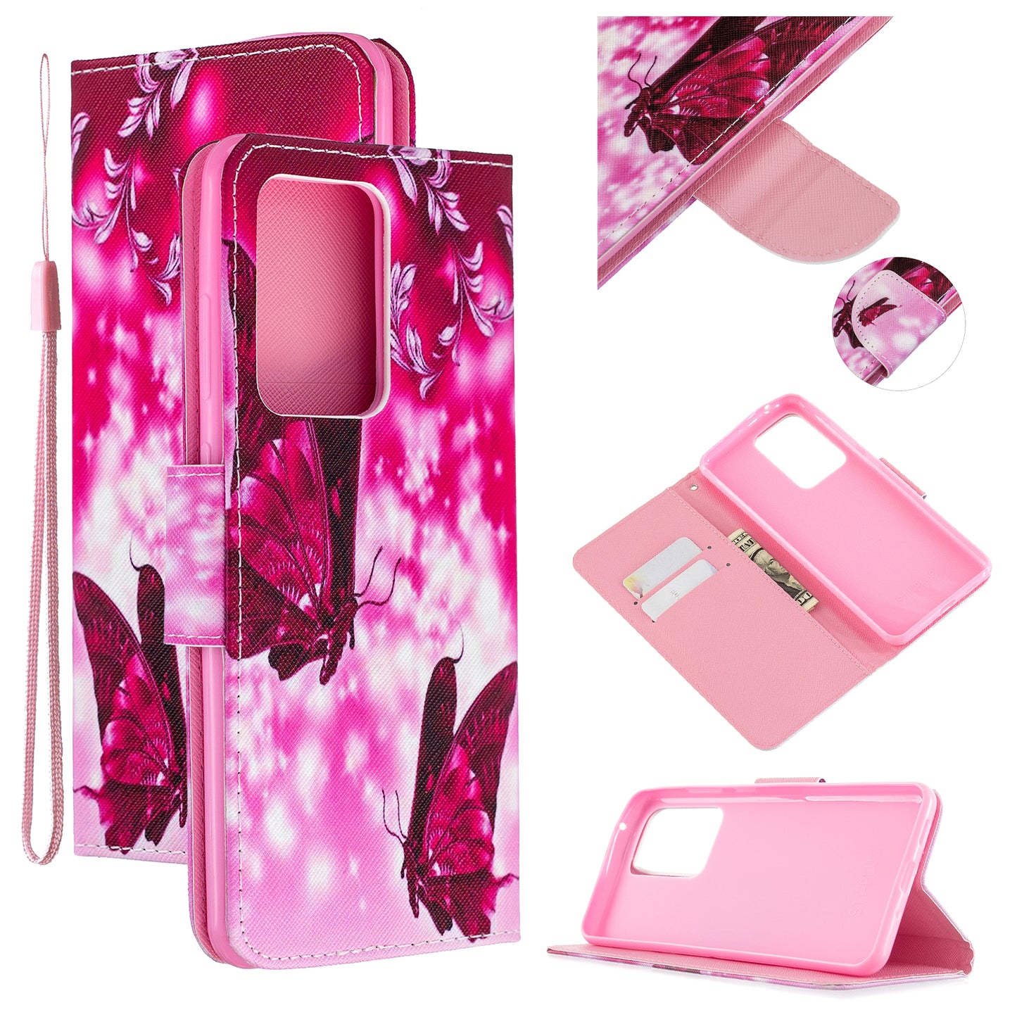 Cross Texture Patterned PU Leather Wallet Cover for Samsung Galaxy S20 Ultra - Red Butterflies
