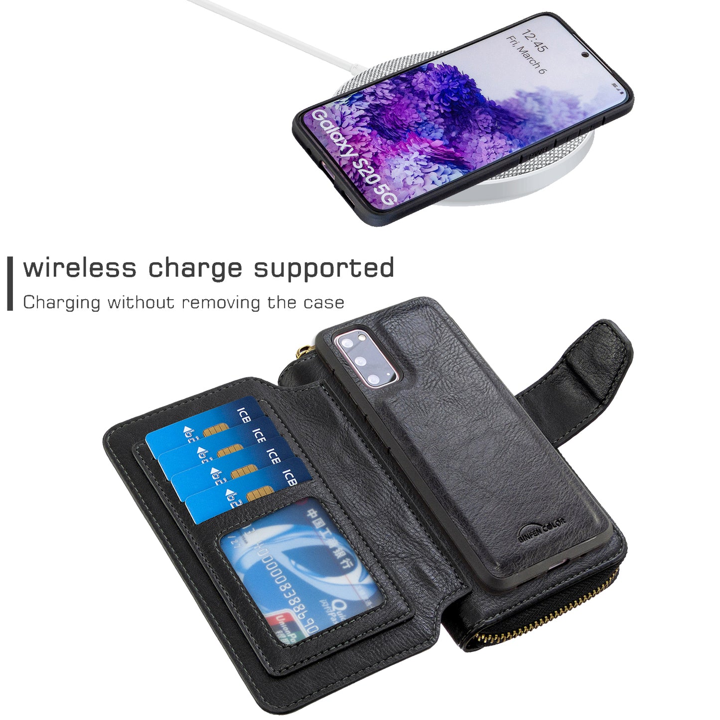 BF001 Detachable 2-in-1 Leather Cover Zipper Wallet Phone Case for Samsung Galaxy S20 4G/S20 5G - Black