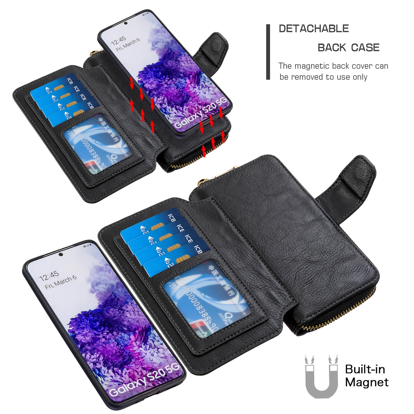 BF001 Detachable 2-in-1 Leather Cover Zipper Wallet Phone Case for Samsung Galaxy S20 4G/S20 5G - Black