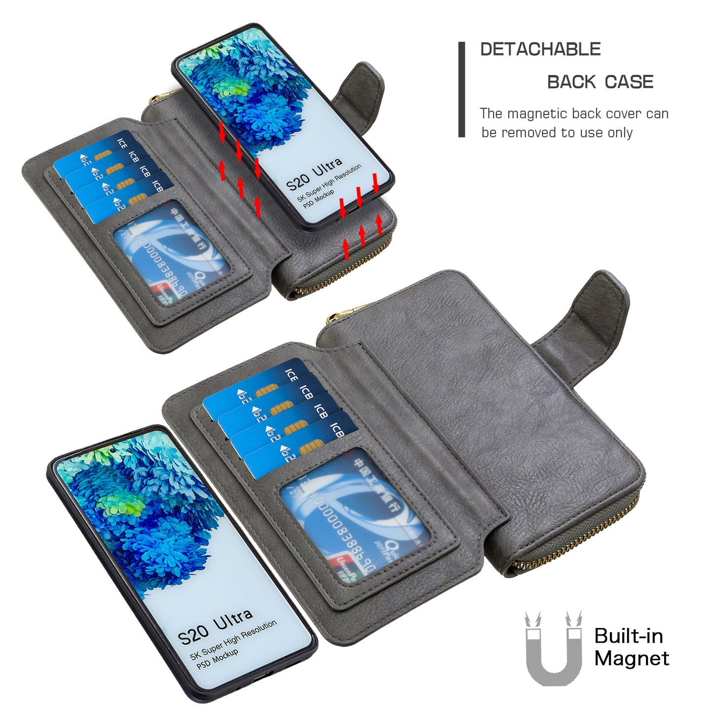 BF001 Leather Cover Zip Wallet Phone Case for Samsung Galaxy S20 Ultra - Grey