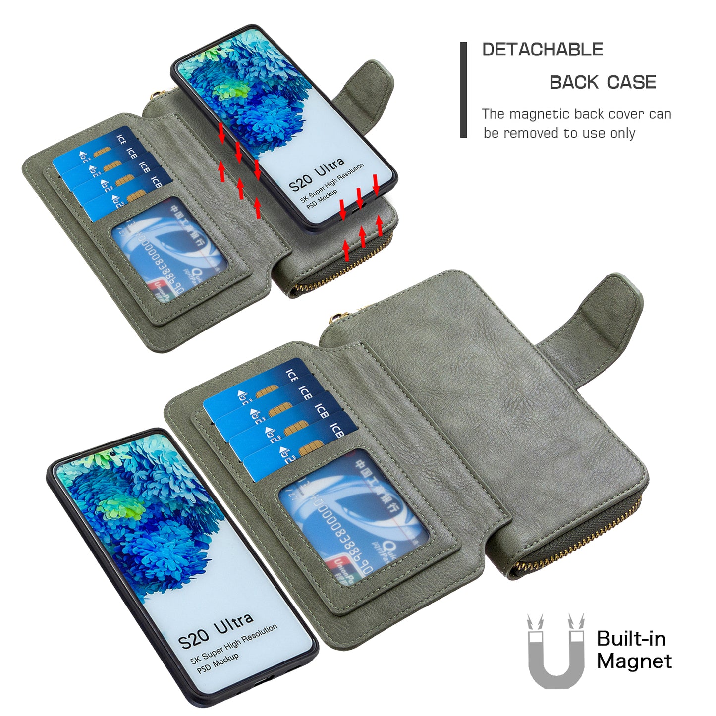 BF001 Leather Cover Zip Wallet Phone Case for Samsung Galaxy S20 Ultra - Green
