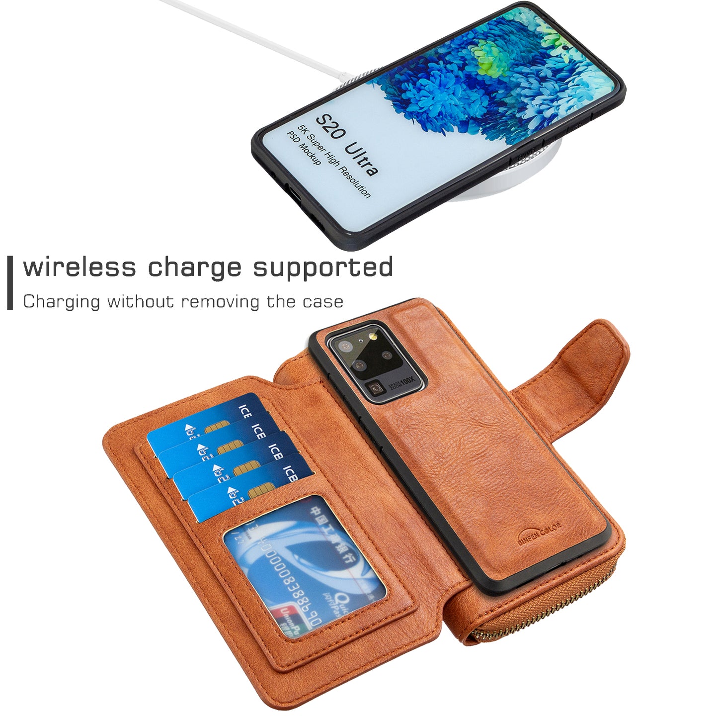 BF001 Leather Cover Zip Wallet Phone Case for Samsung Galaxy S20 Ultra - Brown