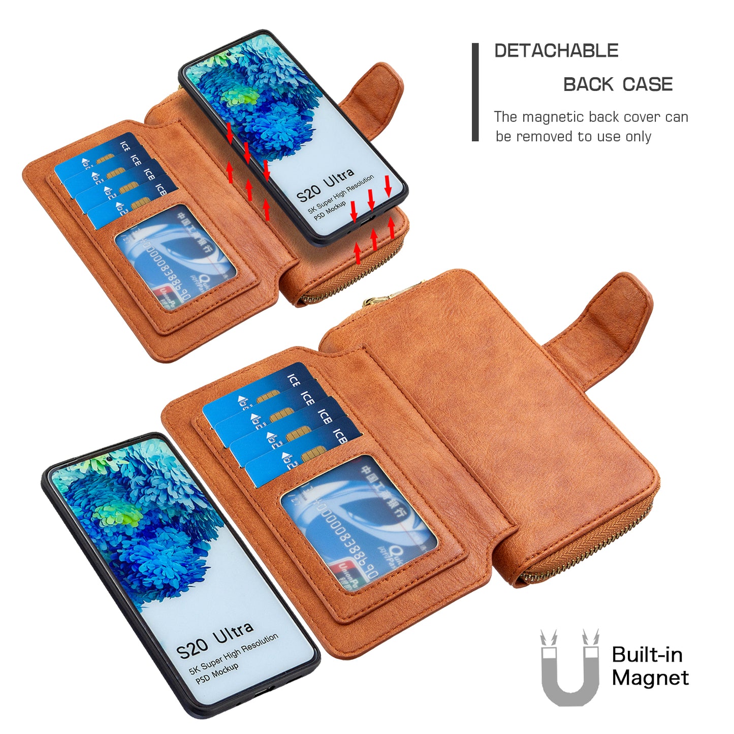 BF001 Leather Cover Zip Wallet Phone Case for Samsung Galaxy S20 Ultra - Brown