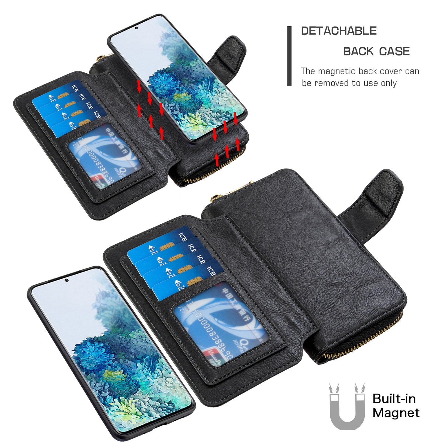 BF001 Zipper Wallet Leather Phone Case Cover Shell for Samsung Galaxy S20 Plus - Black