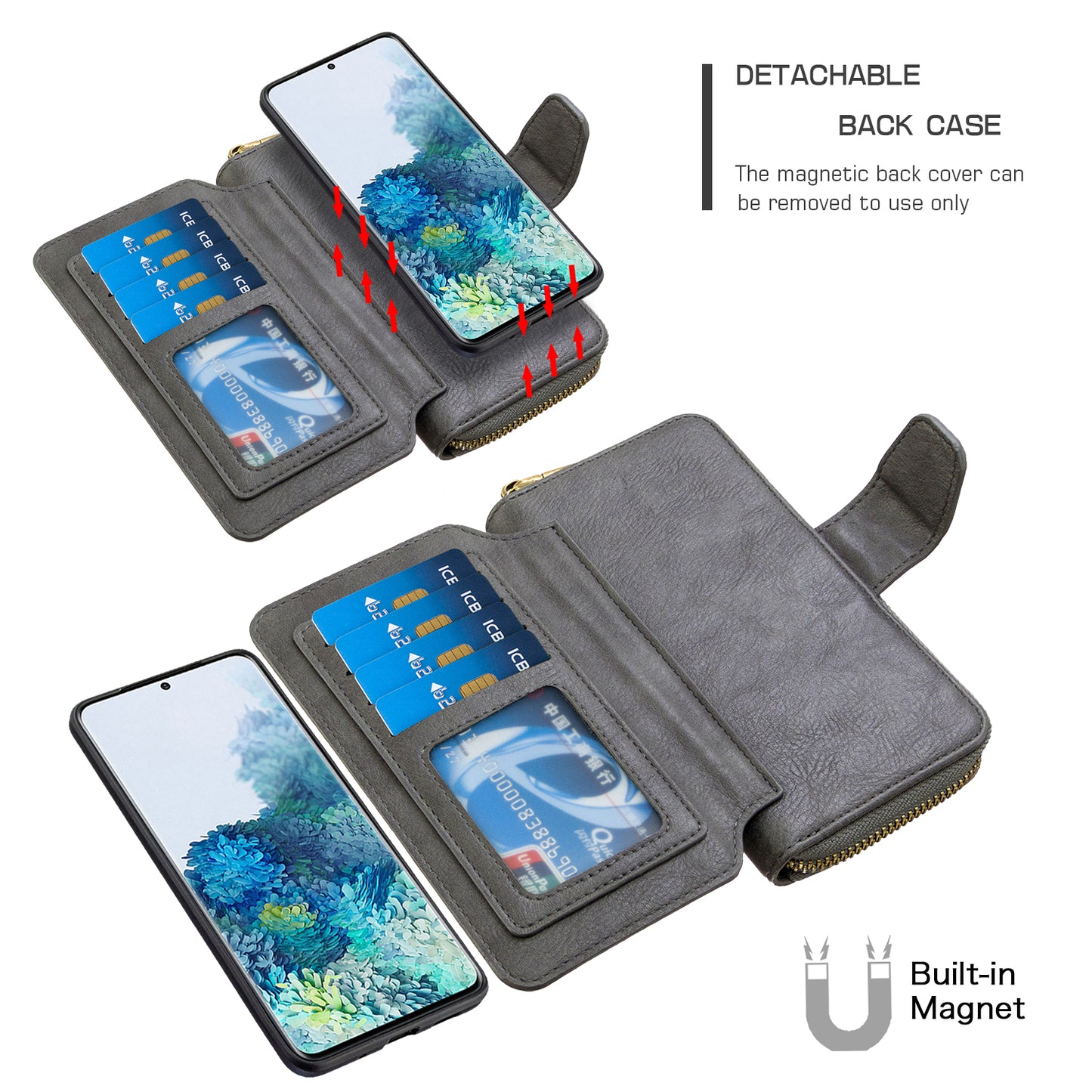 BF001 Zipper Wallet Leather Phone Case Cover Shell for Samsung Galaxy S20 Plus - Grey