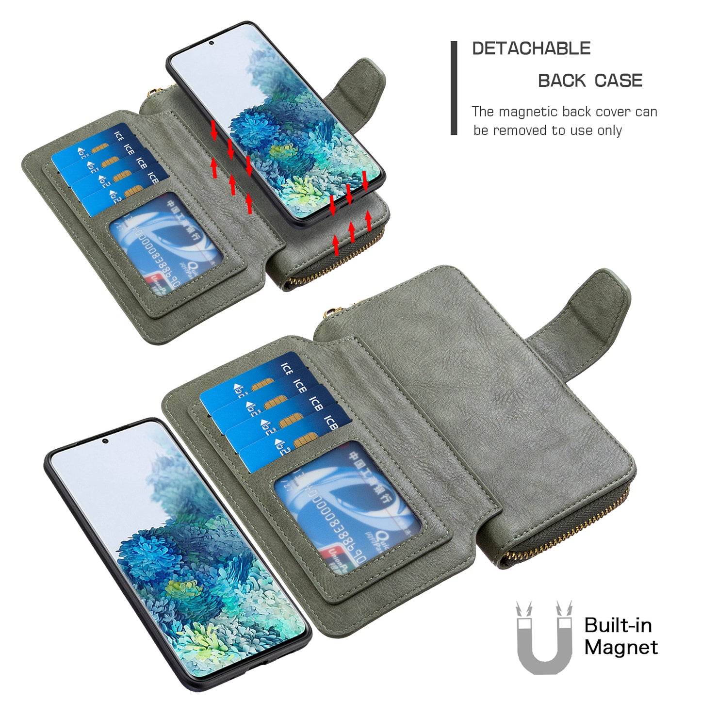 BF001 Zipper Wallet Leather Phone Case Cover Shell for Samsung Galaxy S20 Plus - Green