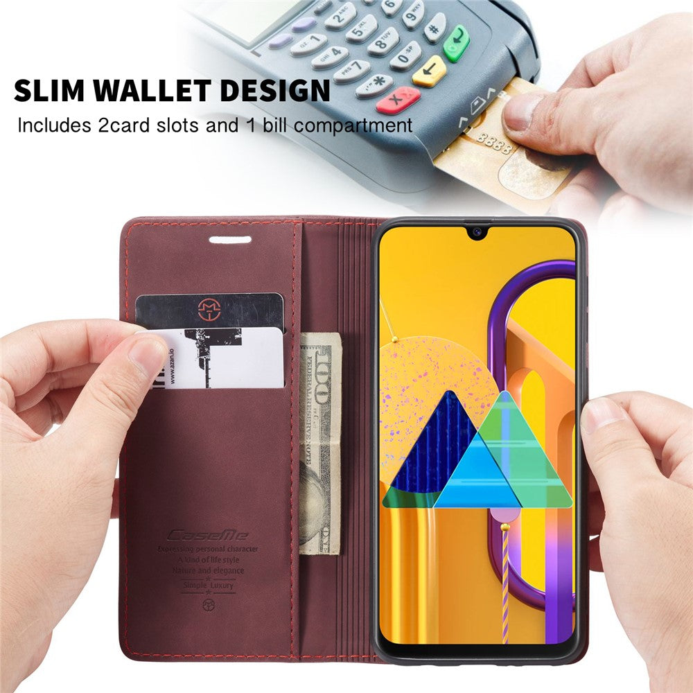 CASEME 013 Series Auto-absorbed Leather with Wallet Shell for Samsung Galaxy M30s/M21  - Wine Red