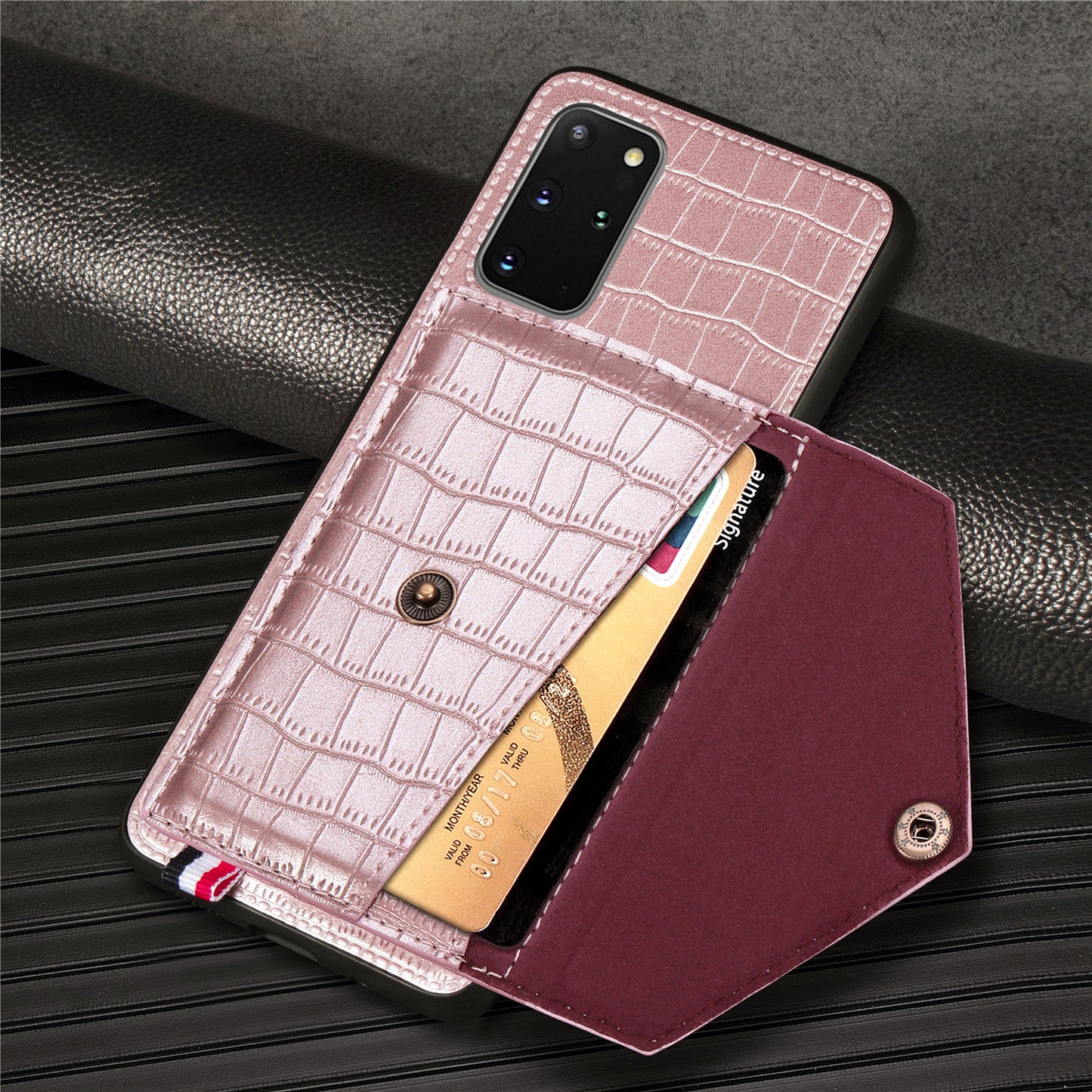 Crocodile Skin with Card Holder PU Leather Coated TPU Case for Samsung Galaxy S20 Plus - Rose Gold