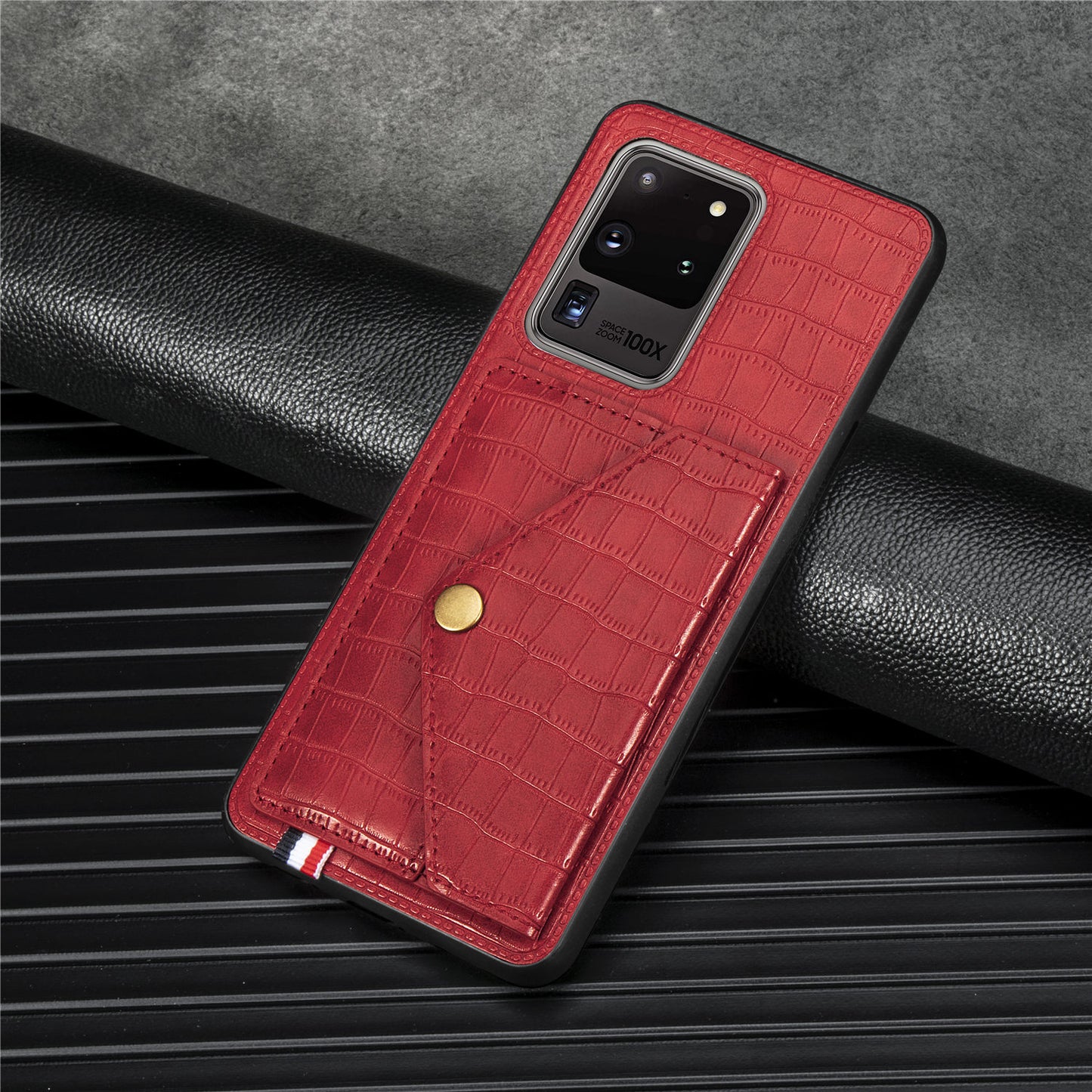 Crocodile Texture Phone Case Cover Card Holder for Samsung Galaxy S20 Ultra - Red
