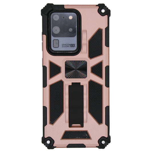 Kickstand Armor Dropproof PC TPU Hybrid Shell with Magnetic Metal Sheet for Samsung Galaxy S20 Ultra - Rose Gold