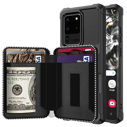 Leather Phone Case with Zipper Wallet for Samsung Galaxy S20 Ultra - Black