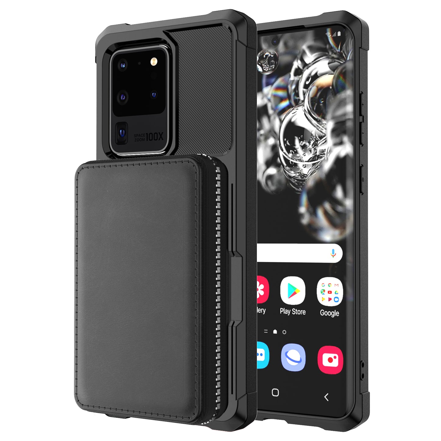 Leather Phone Case with Zipper Wallet for Samsung Galaxy S20 Ultra - Black